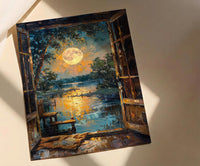 Full Moon Window Wall Art, Tarot Card Decor - Celestial Night Landscape