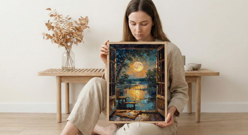 Full Moon Window Wall Art, Tarot Card Decor - Celestial Night Landscape