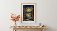 Full Moon Window Wall Art, Tarot Card Decor - Celestial Night Landscape