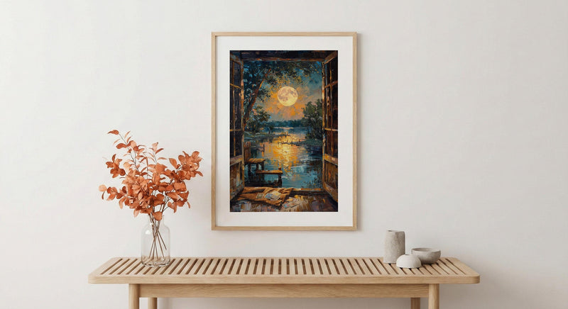 Full Moon Window Wall Art, Tarot Card Decor - Celestial Night Landscape