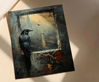 Gothic Window Wall Art, Graveyard Decor - Black Raven Foggy Landscape