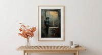 Gothic Window Wall Art, Graveyard Decor - Black Raven Foggy Landscape
