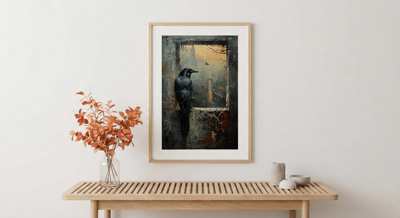 Gothic Window Wall Art, Graveyard Decor - Black Raven Foggy Landscape