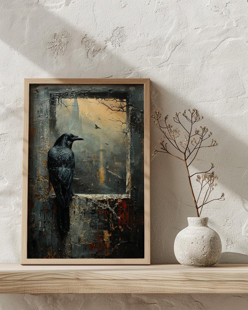Gothic Window Wall Art, Graveyard Decor - Black Raven Foggy Landscape