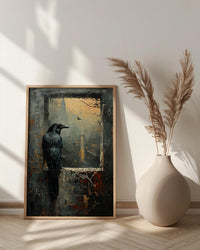 Gothic Window Wall Art, Graveyard Decor - Black Raven Foggy Landscape