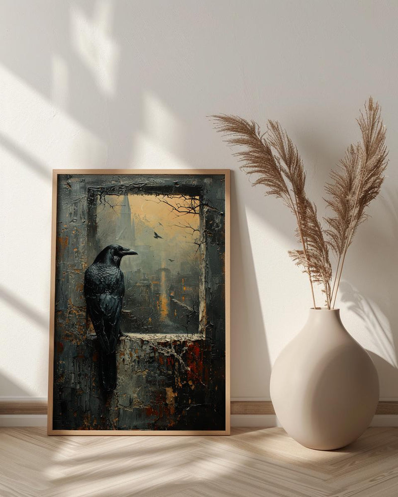 Gothic Window Wall Art, Graveyard Decor - Black Raven Foggy Landscape