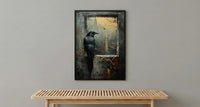 Gothic Window Wall Art, Graveyard Decor - Black Raven Foggy Landscape
