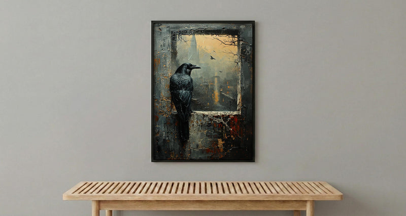 Gothic Window Wall Art, Graveyard Decor - Black Raven Foggy Landscape
