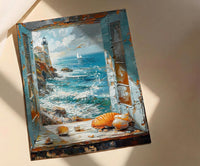 Mermaid Window Art Print, Stormy Ocean Wall Decor - Pearl Sea Shell Landscape