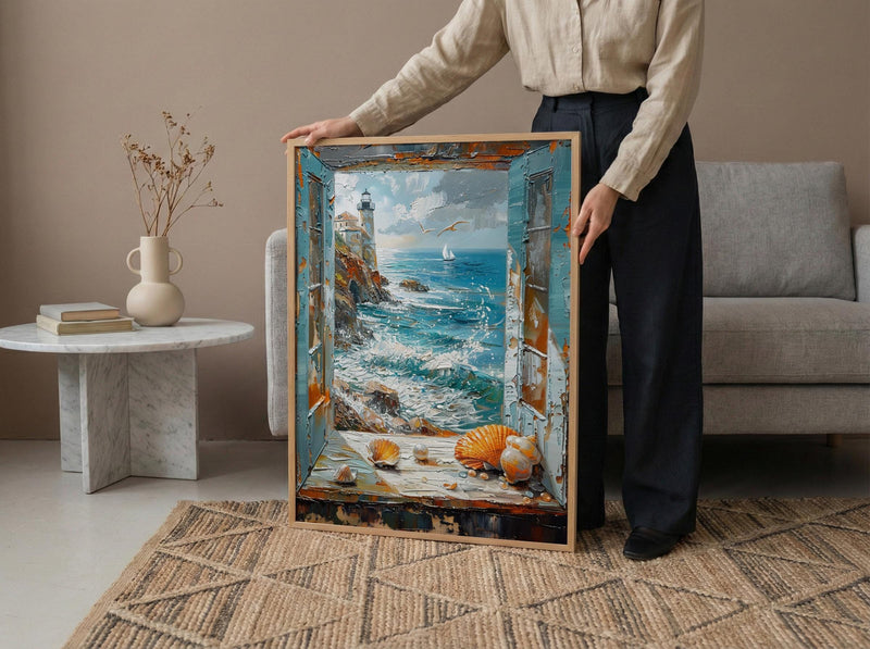 Mermaid Window Art Print, Stormy Ocean Wall Decor - Pearl Sea Shell Landscape