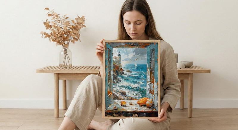 Mermaid Window Art Print, Stormy Ocean Wall Decor - Pearl Sea Shell Landscape