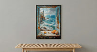 Mermaid Window Art Print, Stormy Ocean Wall Decor - Pearl Sea Shell Landscape