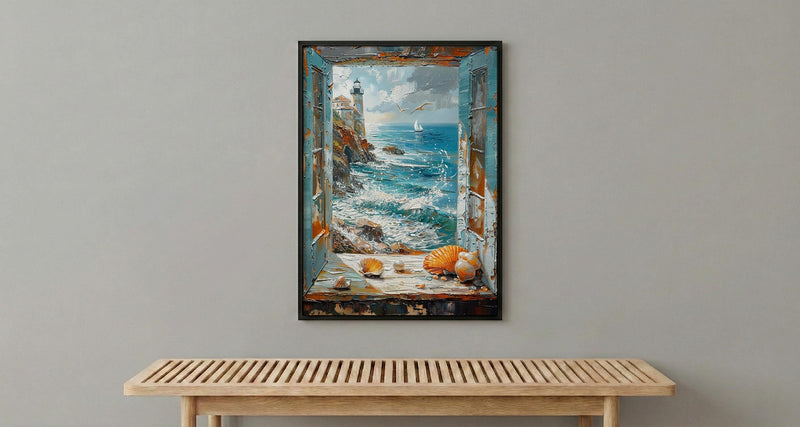 Mermaid Window Art Print, Stormy Ocean Wall Decor - Pearl Sea Shell Landscape