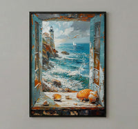 Mermaid Window Art Print, Stormy Ocean Wall Decor - Pearl Sea Shell Landscape