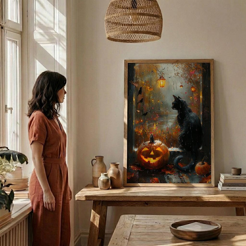 Halloween Window Wall Art, Black Cat Decor - Pumpkin Patch Rainy View