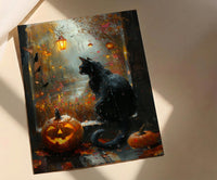 Halloween Window Wall Art, Black Cat Decor - Pumpkin Patch Rainy View