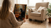 Halloween Window Wall Art, Black Cat Decor - Pumpkin Patch Rainy View