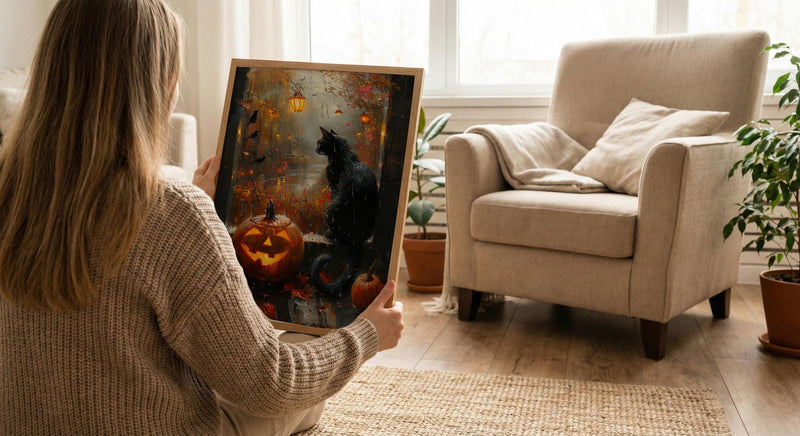 Halloween Window Wall Art, Black Cat Decor - Pumpkin Patch Rainy View