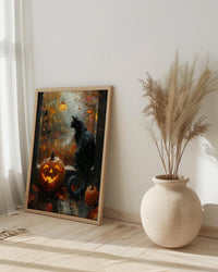 Halloween Window Wall Art, Black Cat Decor - Pumpkin Patch Rainy View