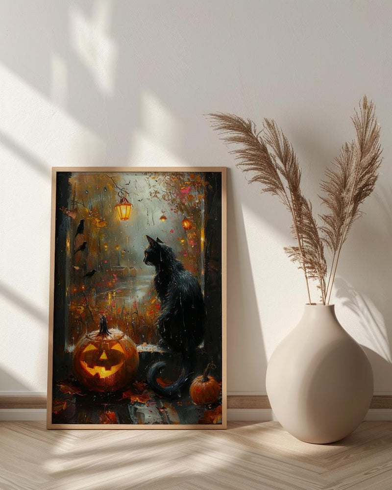 Halloween Window Wall Art, Black Cat Decor - Pumpkin Patch Rainy View