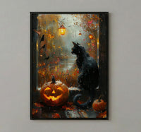 Halloween Window Wall Art, Black Cat Decor - Pumpkin Patch Rainy View