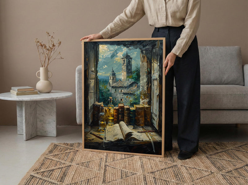 Dark Academia Art Print, Magic Library Decor - Ancient Scroll Window
