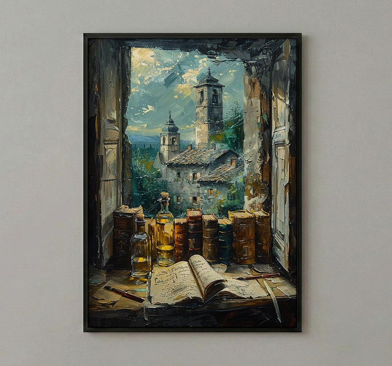 Dark Academia Art Print, Magic Library Decor - Ancient Scroll Window