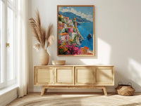 Amalfi Coast Poster, Italy Coastal Village Decor - Vibrant Summer Art