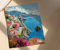 Amalfi Coast Poster, Italy Coastal Village Decor - Vibrant Summer Art
