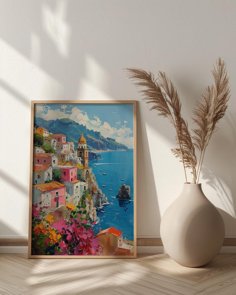 Amalfi Coast Poster, Italy Coastal Village Decor - Vibrant Summer Art