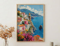 Amalfi Coast Poster, Italy Coastal Village Decor - Vibrant Summer Art