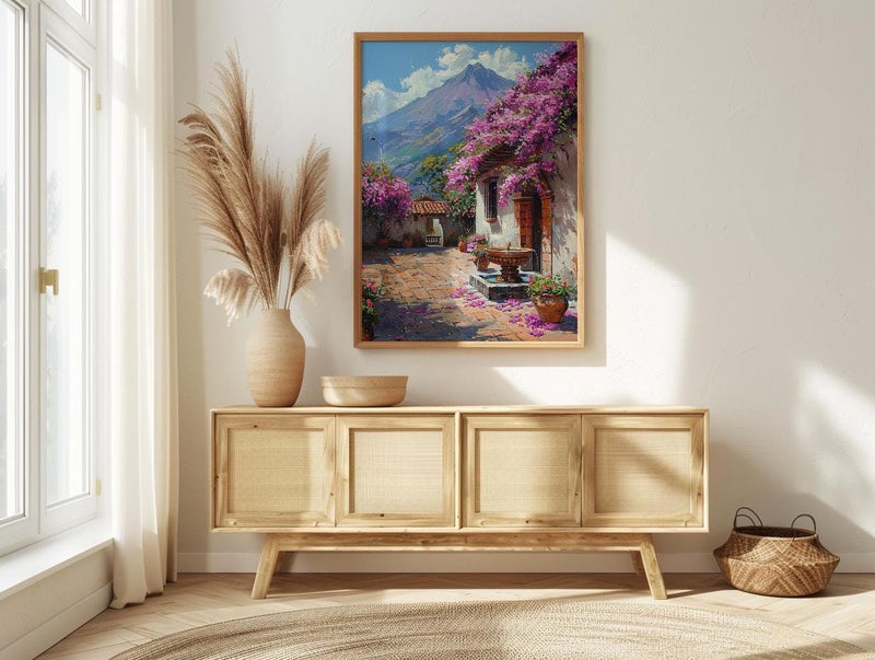 Antigua Art Print, Guatemala Spring Wall Decor - Bougainvillea Volcano