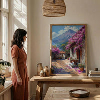 Antigua Art Print, Guatemala Spring Wall Decor - Bougainvillea Volcano