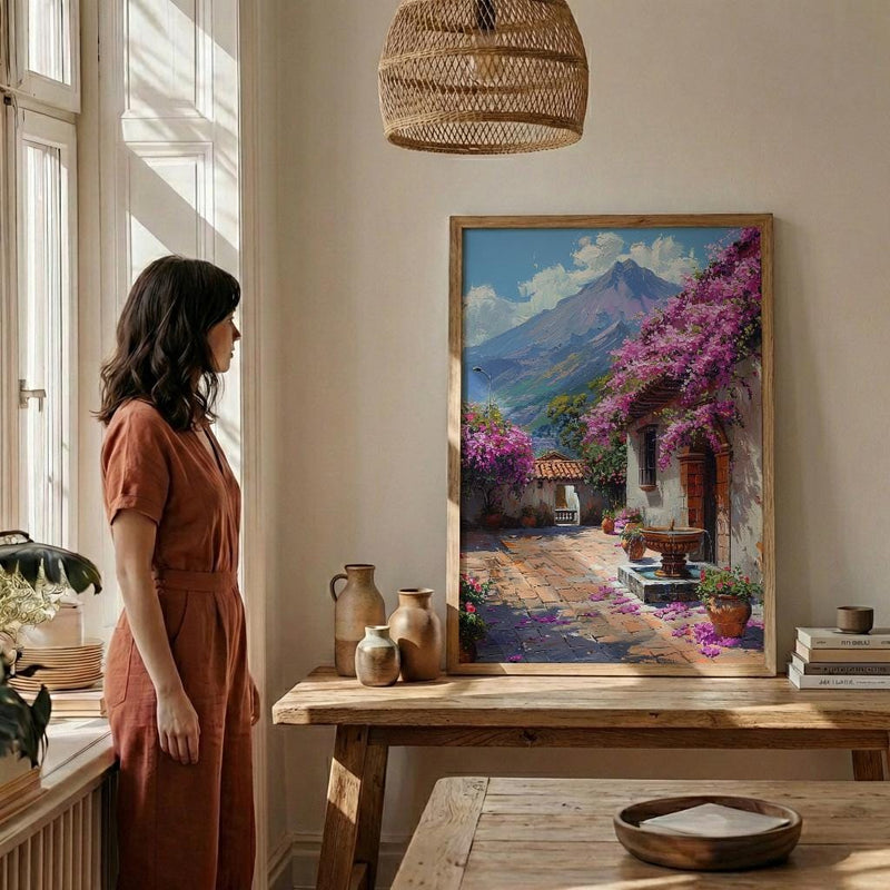 Antigua Art Print, Guatemala Spring Wall Decor - Bougainvillea Volcano