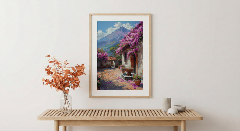 Antigua Art Print, Guatemala Spring Wall Decor - Bougainvillea Volcano