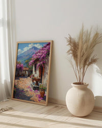 Antigua Art Print, Guatemala Spring Wall Decor - Bougainvillea Volcano