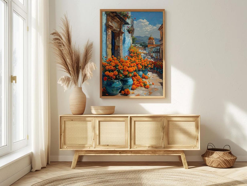 Oaxaca Market Poster, Orange Marigold Wall Decor - Floral Street Art