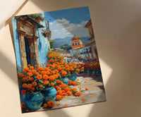 Oaxaca Market Poster, Orange Marigold Wall Decor - Floral Street Art