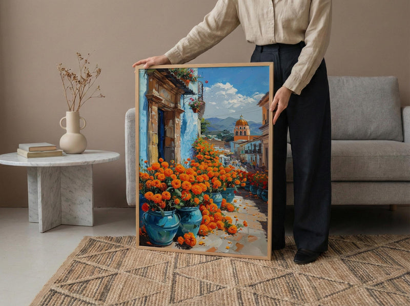 Oaxaca Market Poster, Orange Marigold Wall Decor - Floral Street Art