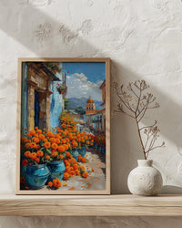 Oaxaca Market Poster, Orange Marigold Wall Decor - Floral Street Art