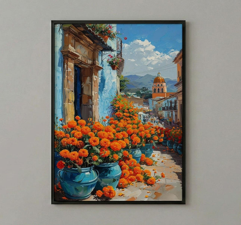 Oaxaca Market Poster, Orange Marigold Wall Decor - Floral Street Art