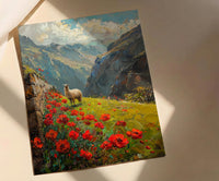 Peru Andean Wall Art, Inca Stone Decor - Red Floral Landscape
