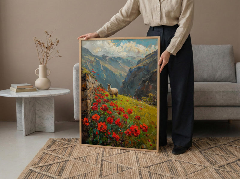 Peru Andean Wall Art, Inca Stone Decor - Red Floral Landscape