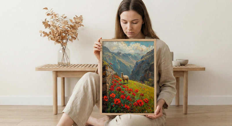 Peru Andean Wall Art, Inca Stone Decor - Red Floral Landscape