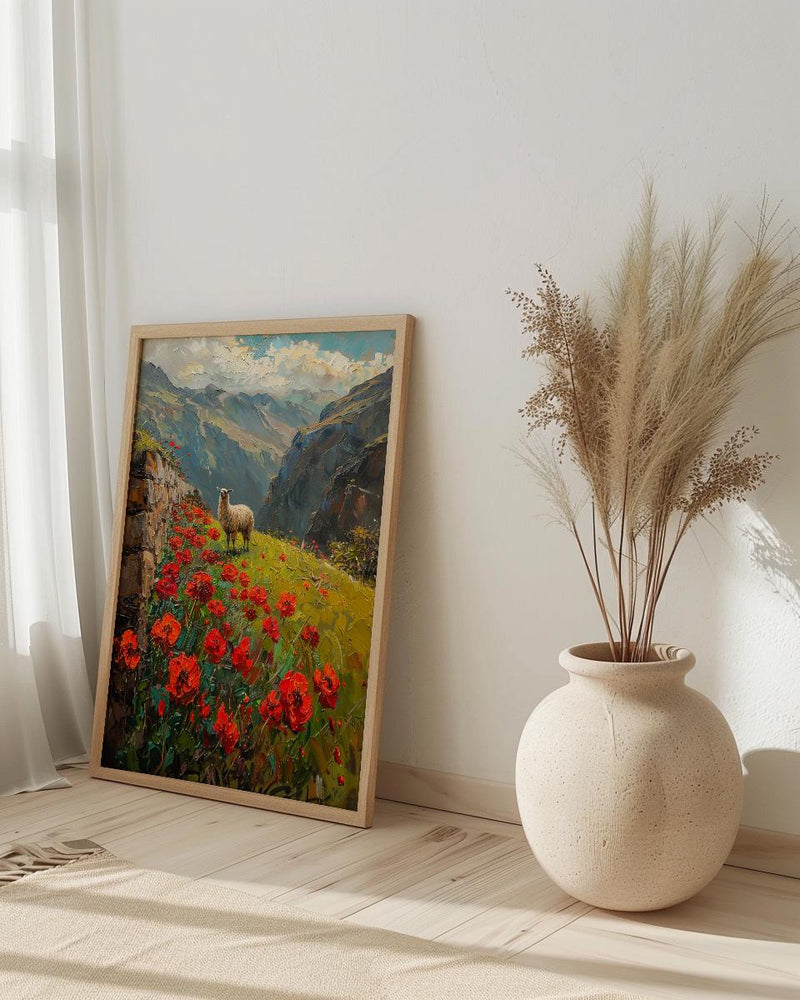 Peru Andean Wall Art, Inca Stone Decor - Red Floral Landscape