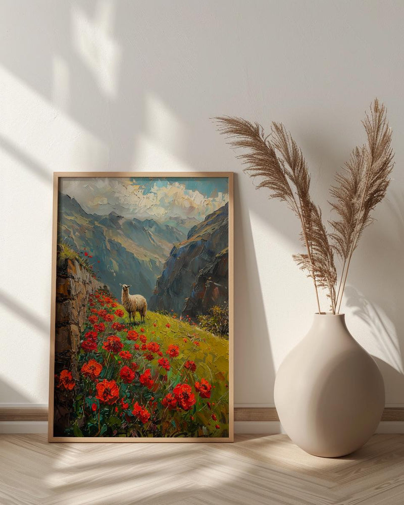 Peru Andean Wall Art, Inca Stone Decor - Red Floral Landscape
