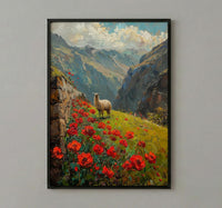 Peru Andean Wall Art, Inca Stone Decor - Red Floral Landscape
