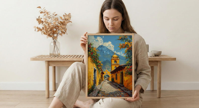 Antigua Spring Poster, Yellow Arch Decor - Volcano Landscape