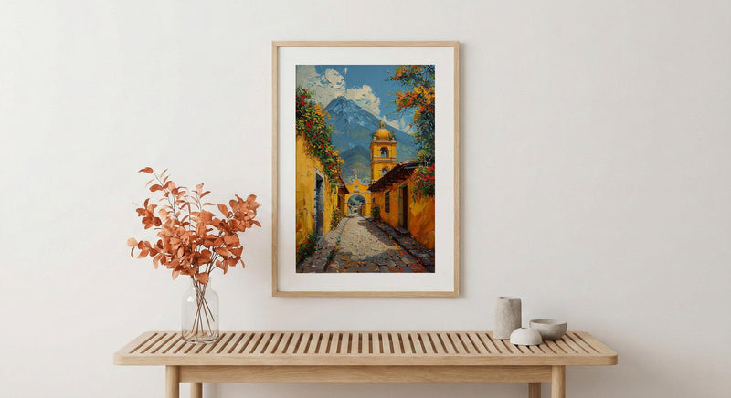 Antigua Spring Poster, Yellow Arch Decor - Volcano Landscape