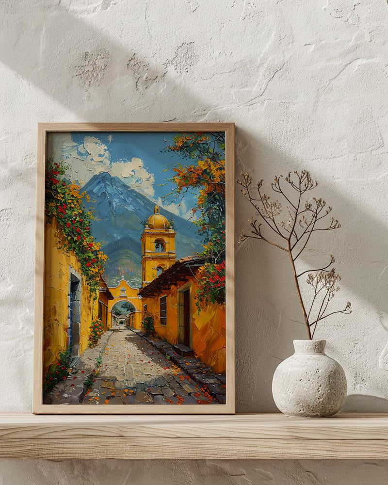 Antigua Spring Poster, Yellow Arch Decor - Volcano Landscape